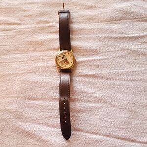 Lotus Mickey Mouse Movement Brown Leather Spiedel Strap Watch with Gold Accents